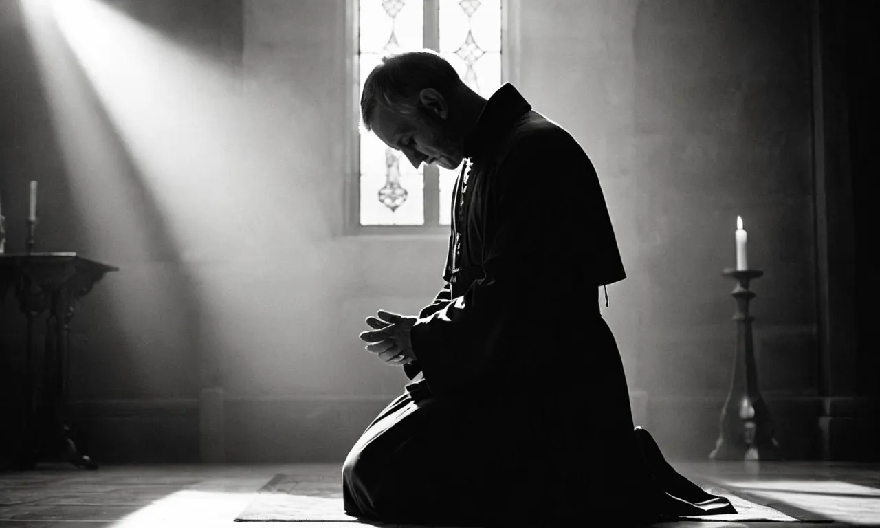 A black and white image capturing a solitary figure kneeling in prayer, bathed in ethereal light, as tears stream down their face, symbolizing God's comforting presence in times of grief.