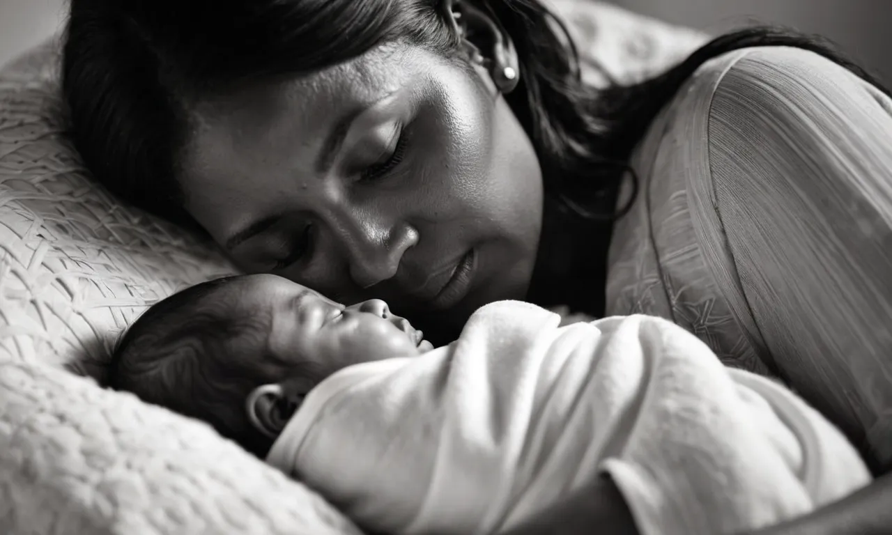 A tender black and white photo captures a weary mother cradling her newborn baby, their eyes locked in a profound connection, symbolizing the divine gift of a child as a source of hope and purpose.