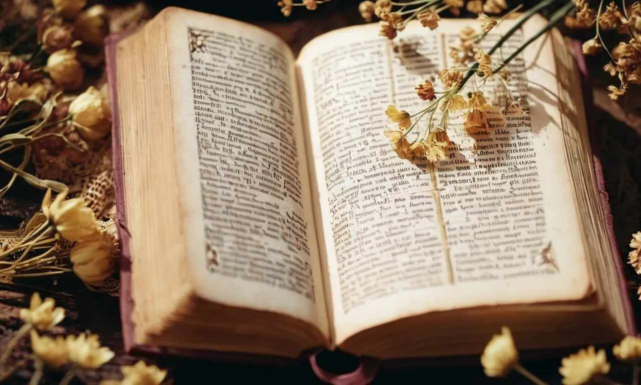 A close-up photo of an ancient scripture, displaying a verse about resurrection, surrounded by delicate dried flowers symbolizing the souls brought back to life in the Bible.