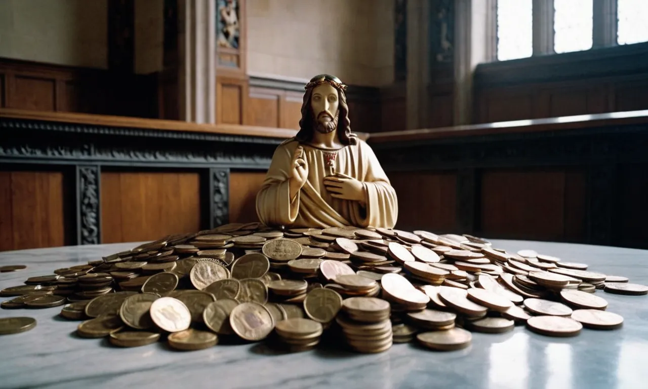 A photo capturing the intense gaze of a statue of Jesus, surrounded by overturned tables and scattered coins, symbolizing his righteous anger during the cleansing of the temple.