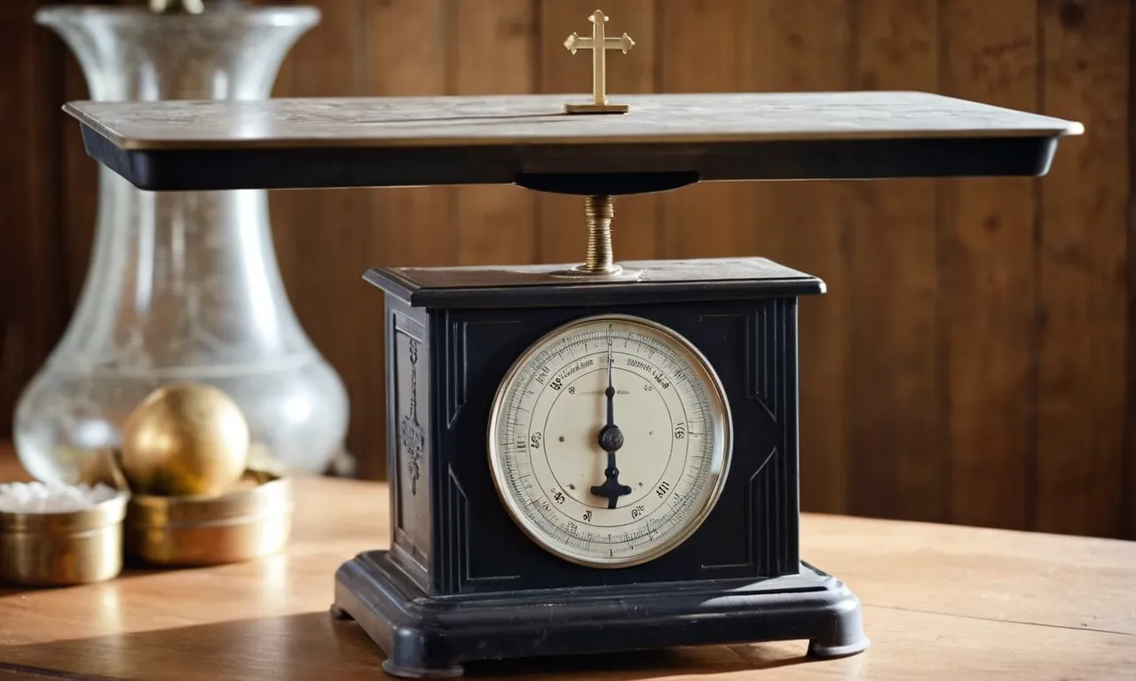 A close-up photo of a vintage weighing scale, with a small crucifix delicately balanced on one side, alluding to the curiosity of how much Jesus might have weighed during his time.