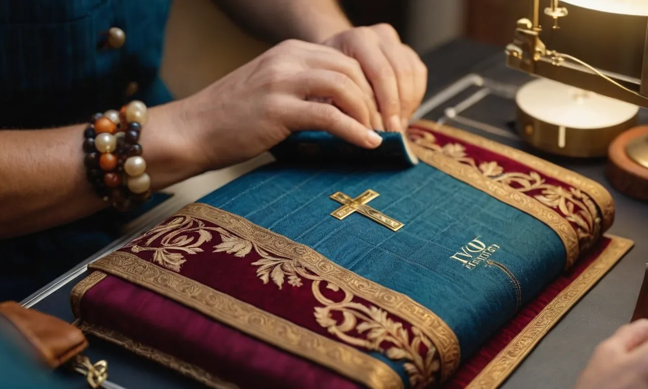 A close-up photograph capturing skilled hands carefully stitching together vibrant fabric, forming a custom-made bible cover, showcasing craftsmanship and attention to detail.