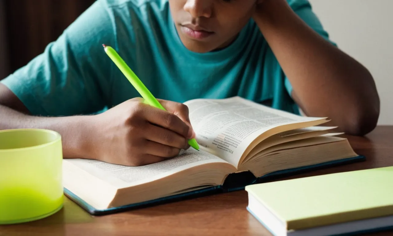 A close-up photo of a young person sitting at a desk, surrounded by open pages of a Bible, highlighters, and study guides, capturing the essence of effective Bible study for beginners.