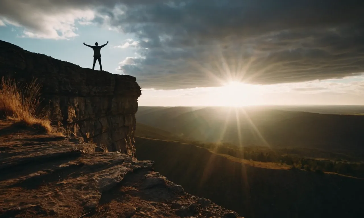 A silhouette of a person standing at the edge of a cliff, arms outstretched towards the sky, as the sun breaks through dark clouds, symbolizing trust in God's guidance amidst uncertainty.