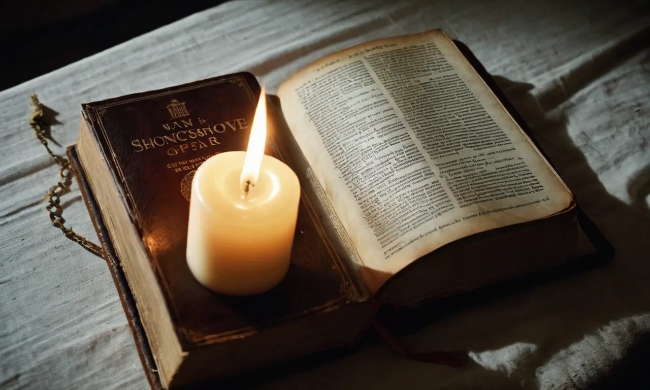 A darkened room, illuminated by a single candle, casting eerie shadows on a worn Bible. A close-up captures the intensity of the moment, symbolizing the unknown and supernatural sources of fear.