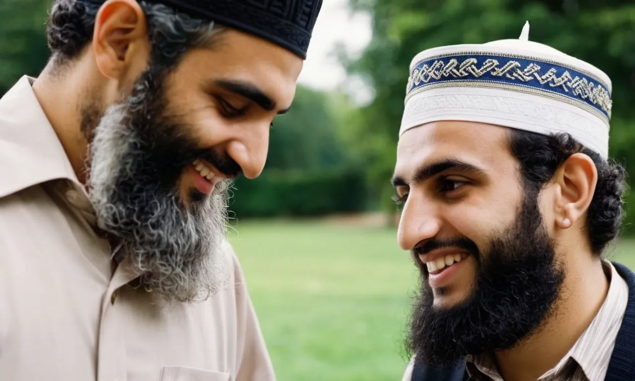 A photo of a Jewish and Muslim person engaged in a friendly conversation, symbolizing the common values of peace, respect, and dialogue shared by Judaism and Islam.