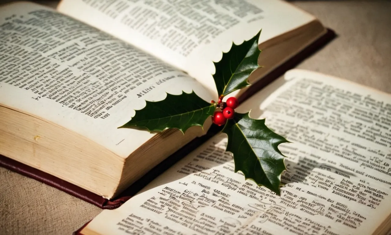 A close-up photograph of an open Bible, with a holly branch delicately placed on Psalm 92:12, symbolizing the biblical meaning of holly as a representation of righteousness and spiritual beauty.