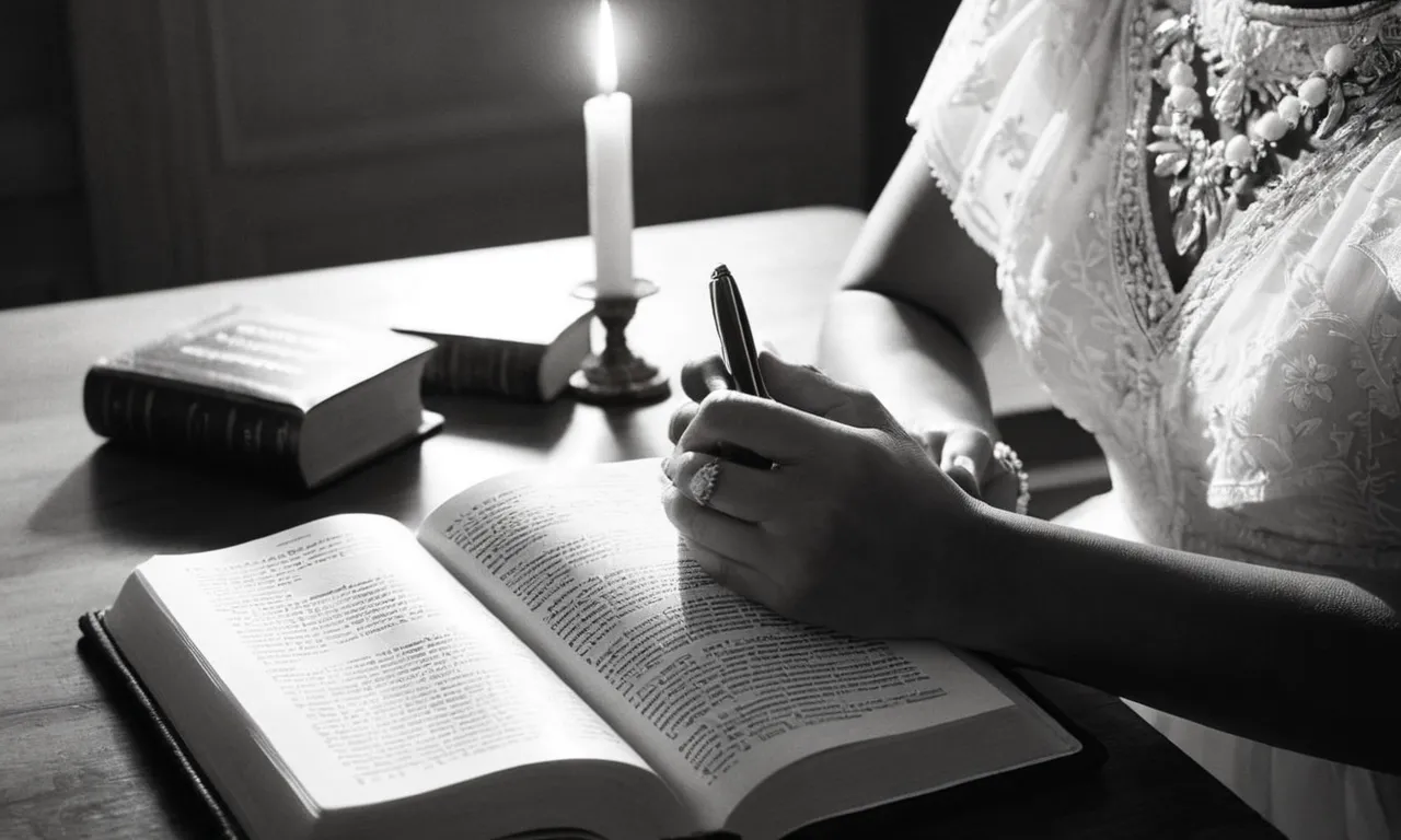 A black and white photo capturing a wife tenderly reading the Bible, surrounded by a warm glow, symbolizing her devotion, strength, and guidance rooted in the scriptures.