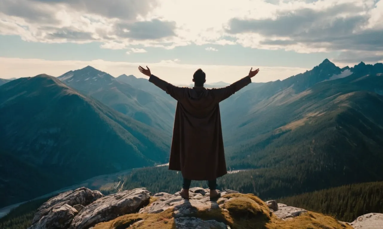 A captivating photo of a person standing on a mountain peak, with outstretched arms and a determined expression, symbolizing the biblical call to be bold and courageous in faith.
