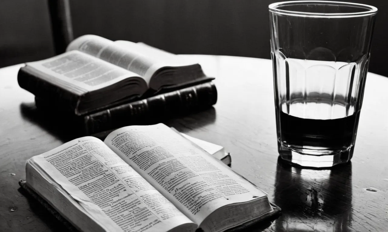 A black and white photo featuring a worn Bible resting on a table, beside a half-filled glass of water, symbolizing the biblical message of sobriety and the importance of spiritual clarity.