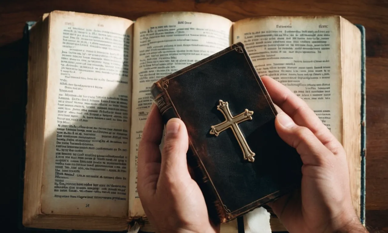 A close-up photograph capturing a person's hands gently cradling a worn-out Bible, symbolizing the power of forgiveness and finding inner peace within the pages of scripture.