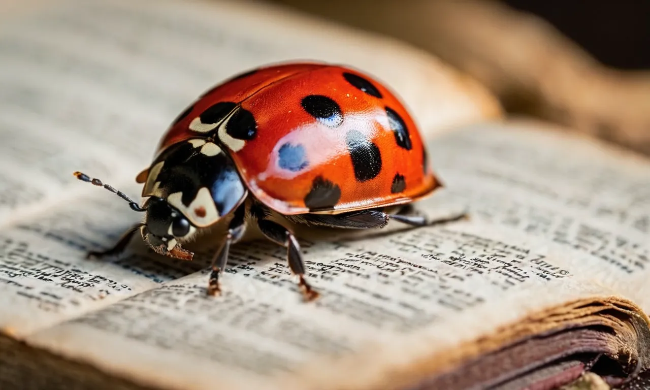 A close-up shot of a vibrant ladybug perched on a weathered Bible, symbolizing the harmony of nature and spirituality.