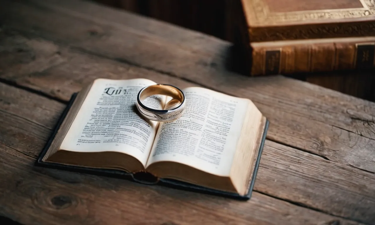 A Bible open to a passage on purity, placed on a rustic wooden table alongside intertwined hands wearing wedding bands, symbolizing God's guidance and blessing in a committed, marital relationship.