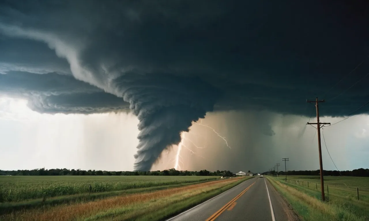 A powerful image of a towering tornado, juxtaposed against a serene landscape, symbolizing the biblical concept of God's awe-inspiring might and the unpredictability of natural disasters.