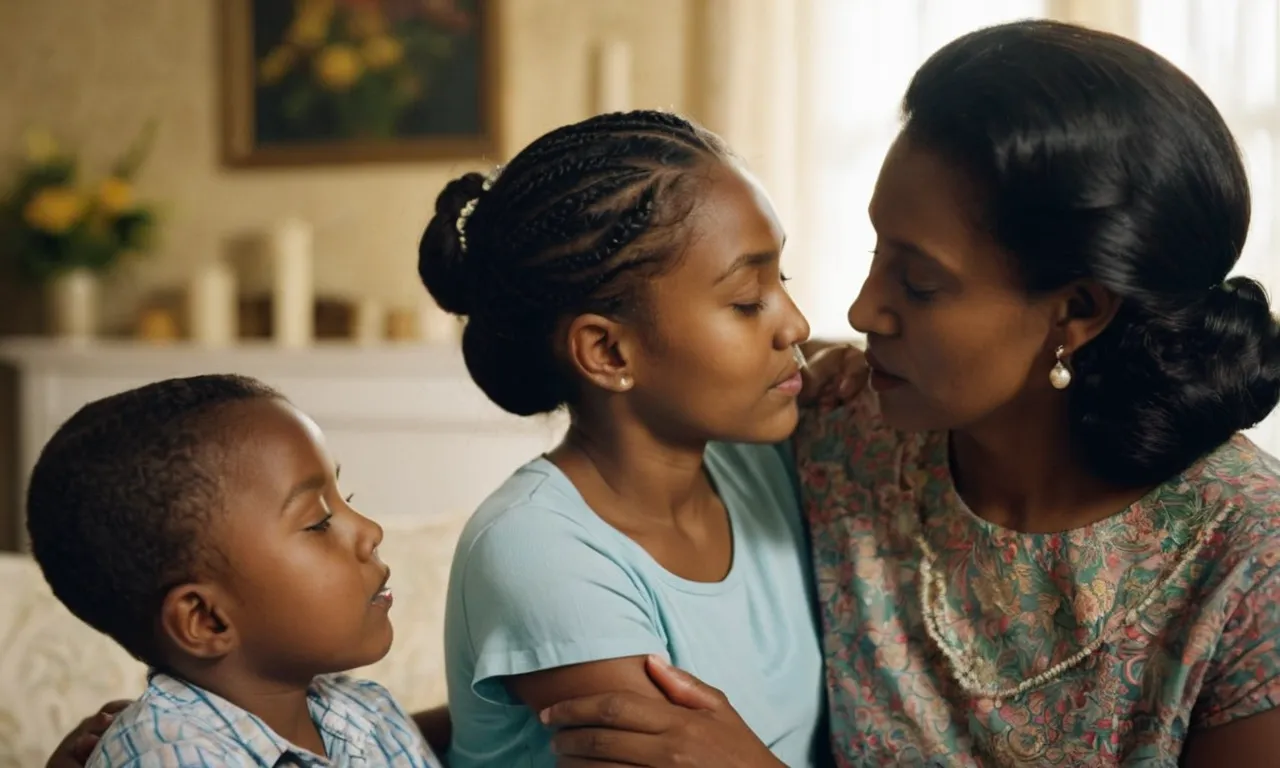 A photo capturing a tender moment between a widow and her children, reflecting the Bible's call to care for widows and the strength found in familial support.