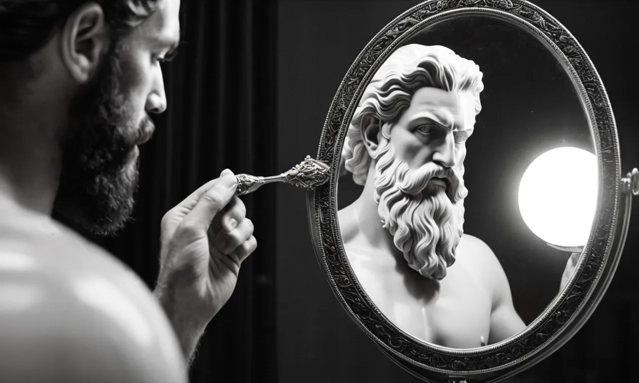 A black and white portrait of a person holding a mirror, their reflection transforming into the majestic likeness of Zeus, emanating power and wisdom.