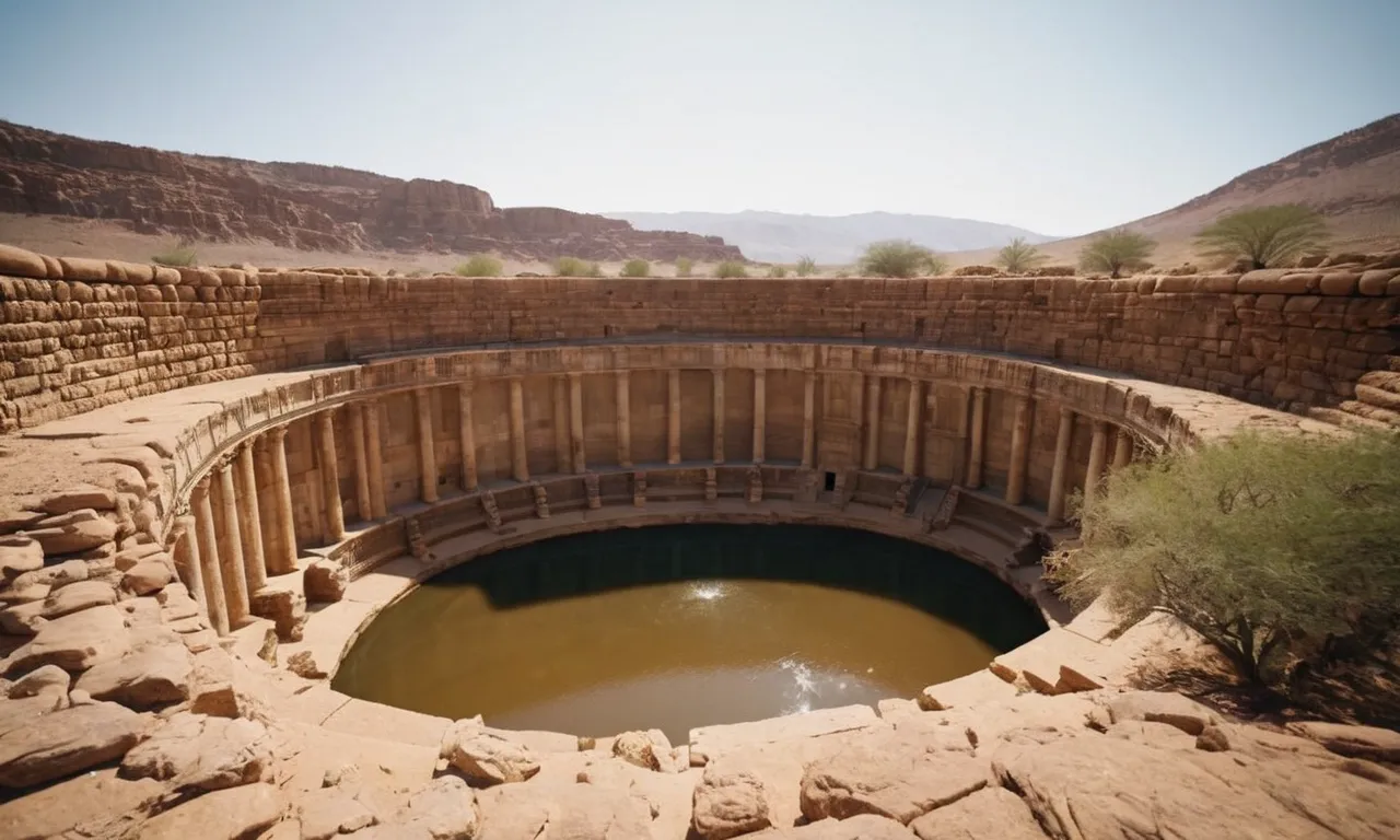 A breathtaking photo capturing an ancient stone cistern amidst the arid landscape, evoking the biblical setting and illustrating the significance of water preservation in biblical times.