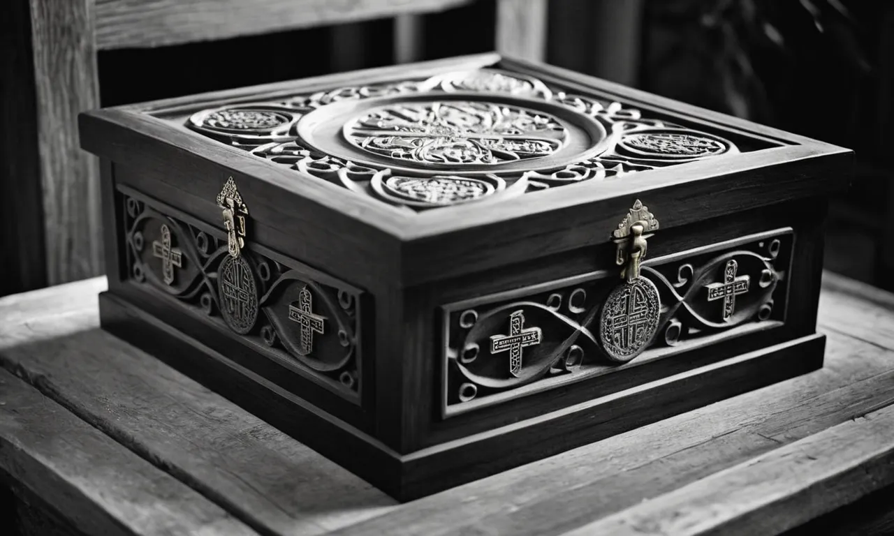 A black and white photo capturing a wooden box with intricate carvings, adorned with religious symbols, emanating a mystical aura, representing the enigmatic concept of a god box.