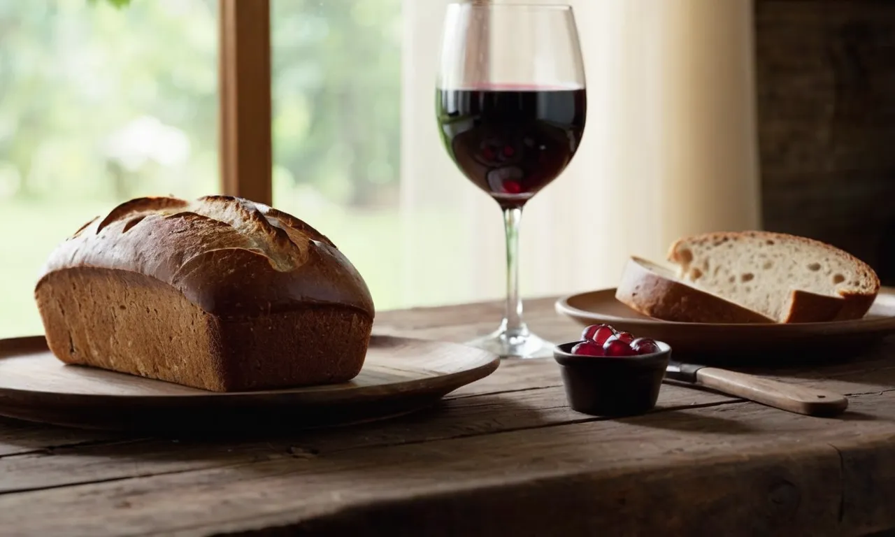 A close-up shot capturing a loaf of bread and a glass of red wine placed on a rustic wooden table, symbolizing Jesus' Last Supper and his love for communal meals.