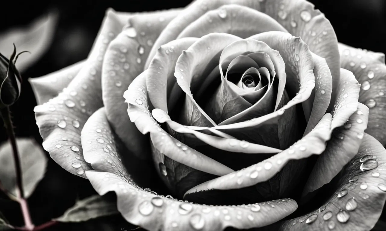 A black and white photograph captures a delicate rose, its petals gently unfurling, symbolizing sensuality as an expression of beauty and passion, reminiscent of the sensuous imagery found in the Song of Solomon.