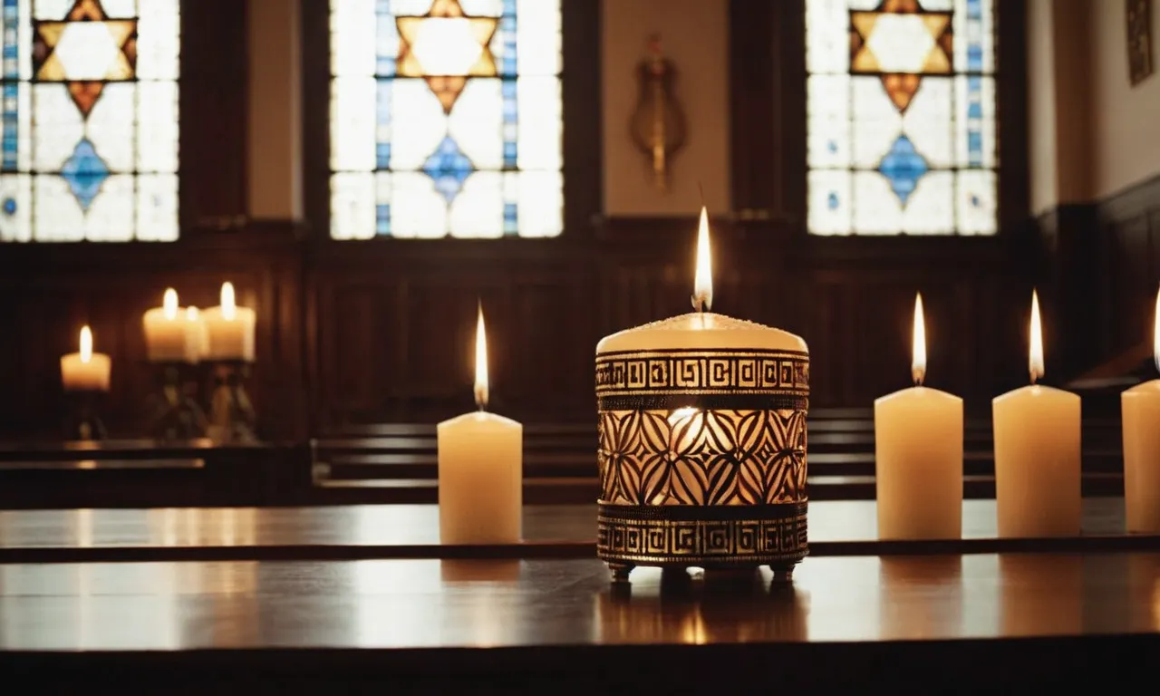 A photo showcasing a serene Jewish synagogue with a focal point on a Shiva candle, symbolizing mourning and remembrance in Judaism.