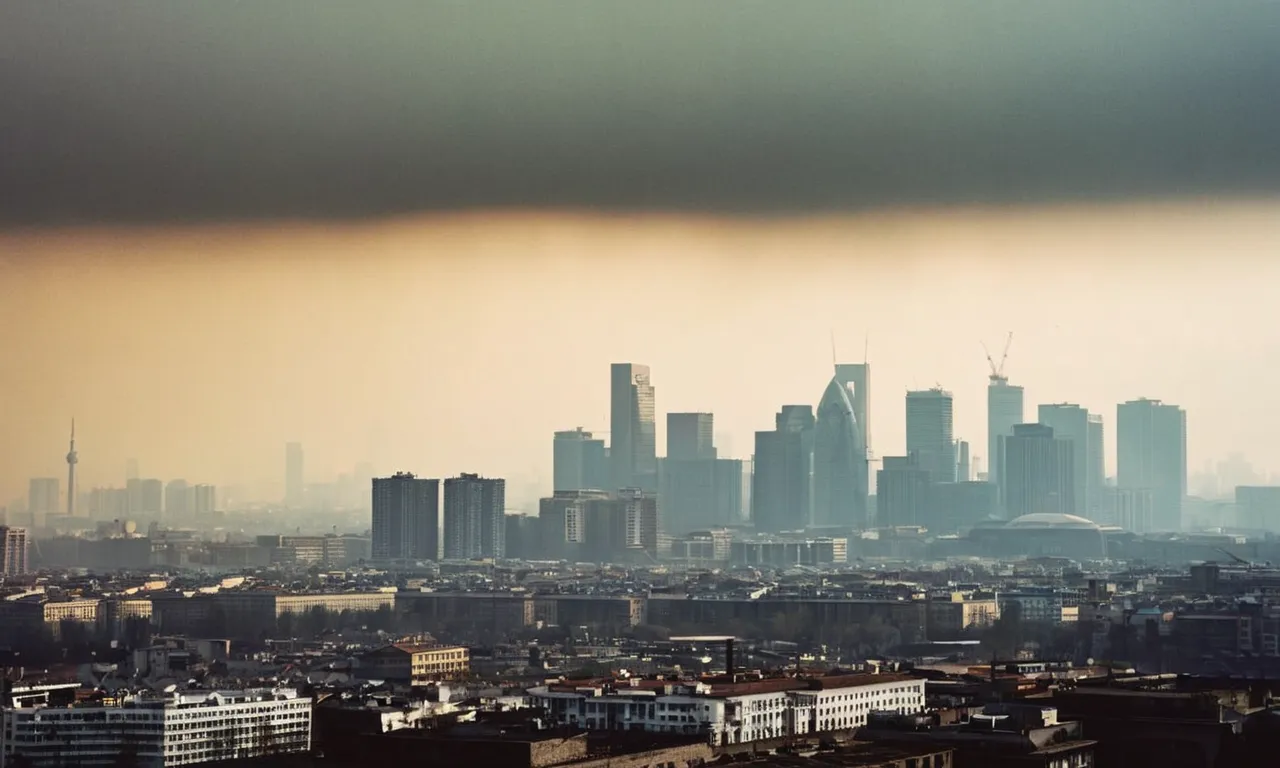 A photo capturing a polluted city skyline, obscured by a thick layer of smog, symbolizing humanity's disregard for the environment and potentially provoking divine wrath.