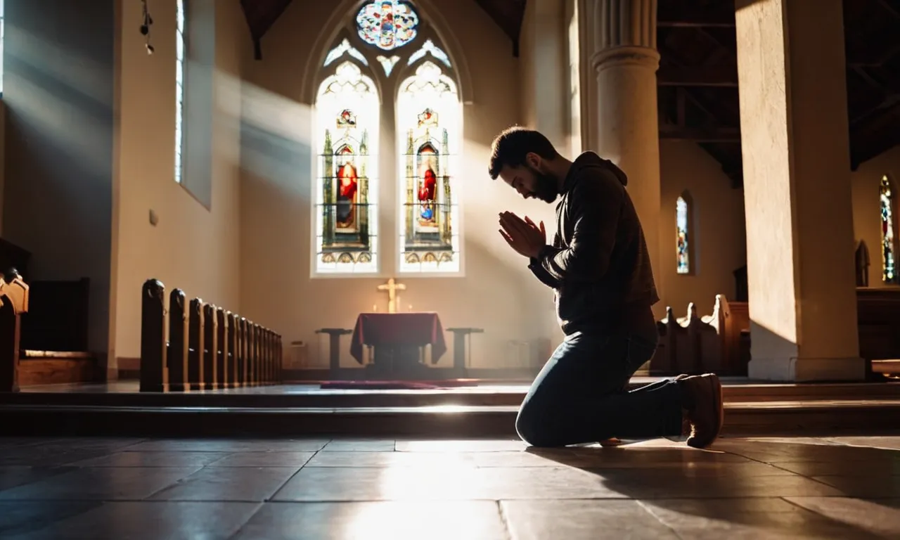 A photo of a person kneeling in a dimly lit church, hands clasped in prayer, with a shaft of sunlight streaming through a stained glass window, symbolizing the divine presence and attentive ear of God.