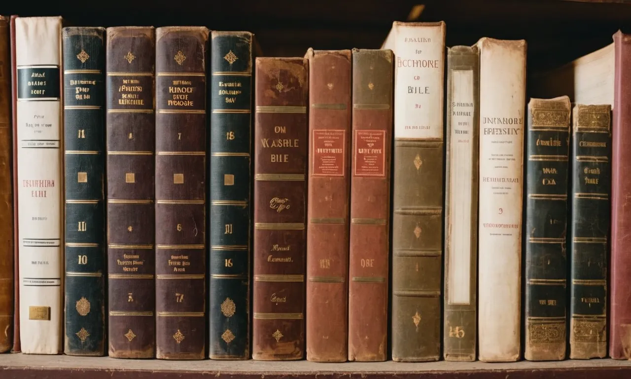 A close-up shot of a dusty bookshelf reveals rows of worn-out Bibles, their spines faded and pages well-thumbed, waiting patiently to be discovered in a quaint, dimly lit bookstore.