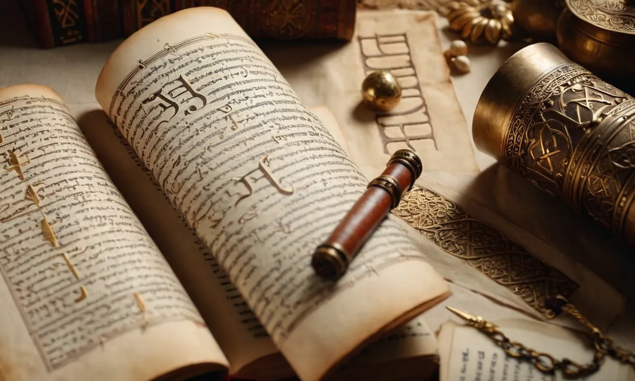 The photo captures an ancient scroll, displaying the name "Terah" in Hebrew script, surrounded by artifacts and books referencing biblical history, symbolizing the search for Terah's significance in the Bible.