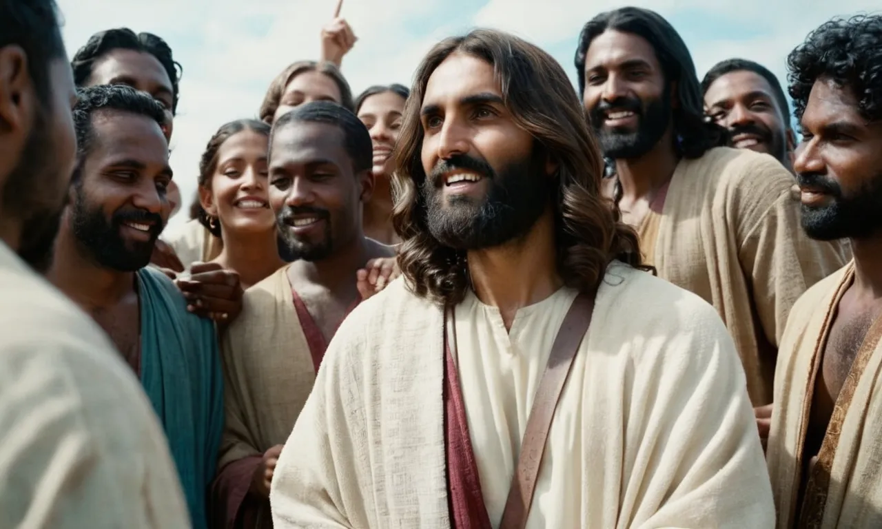 A photo capturing Jesus surrounded by a diverse group of people, symbolizing his belief that true family extends beyond blood ties and encompasses all who share a common love and faith.