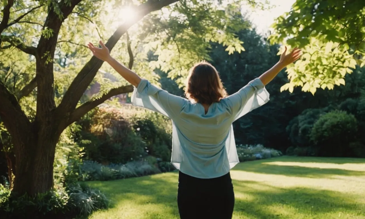 A photo capturing a person's outstretched arms in a peaceful garden, sunlight streaming through trees, symbolizing the love and connection to Jesus while rejecting the confines of organized religion.