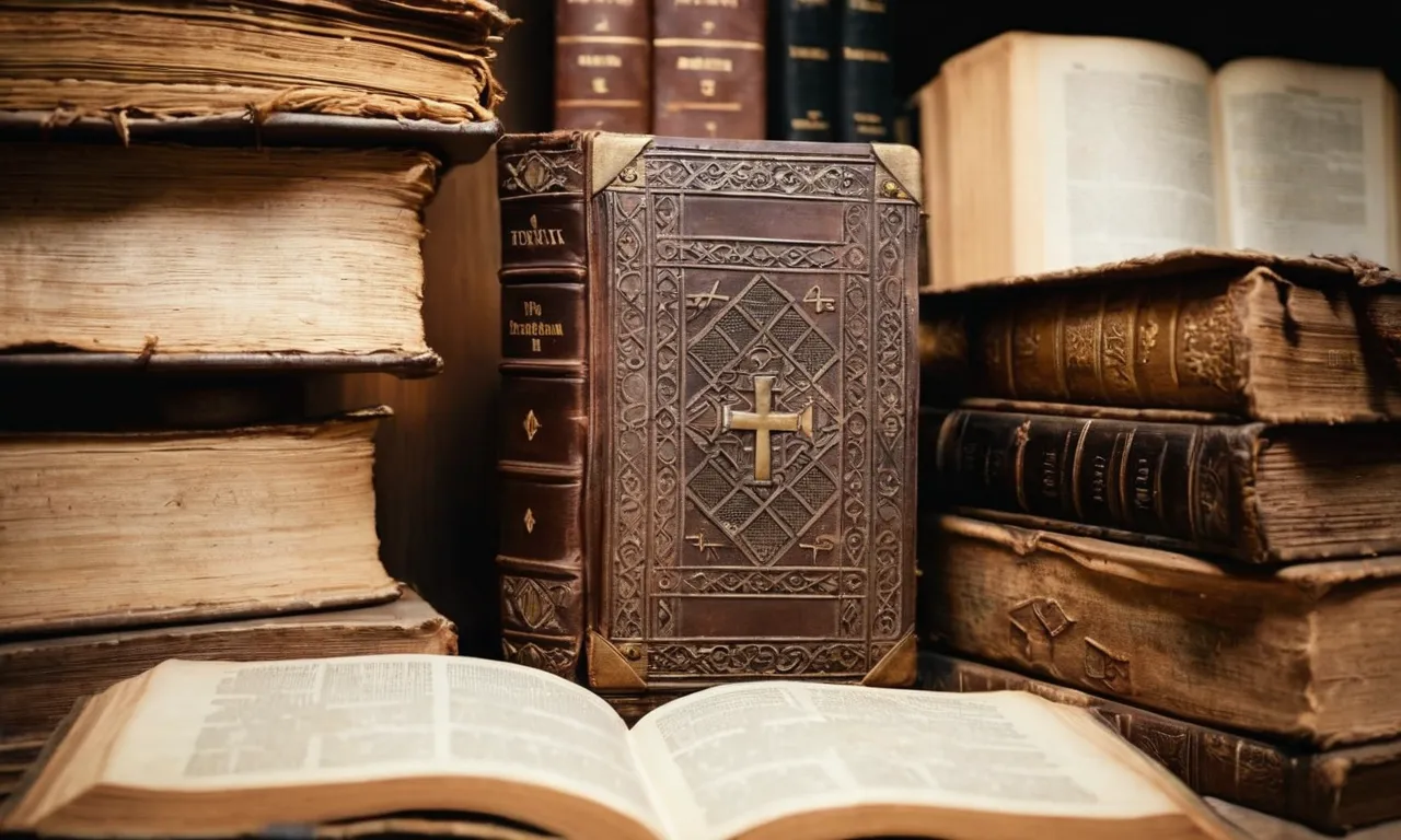 A photo of an ancient, weathered Bible surrounded by stacks of historical texts and archaeological findings, symbolizing the uncertainty and inconsistencies in biblical accounts.